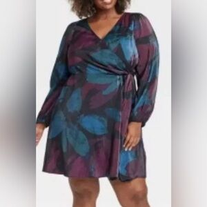 Ava & Viv Teal Blue and Plum Printed Wrap Midi Dress